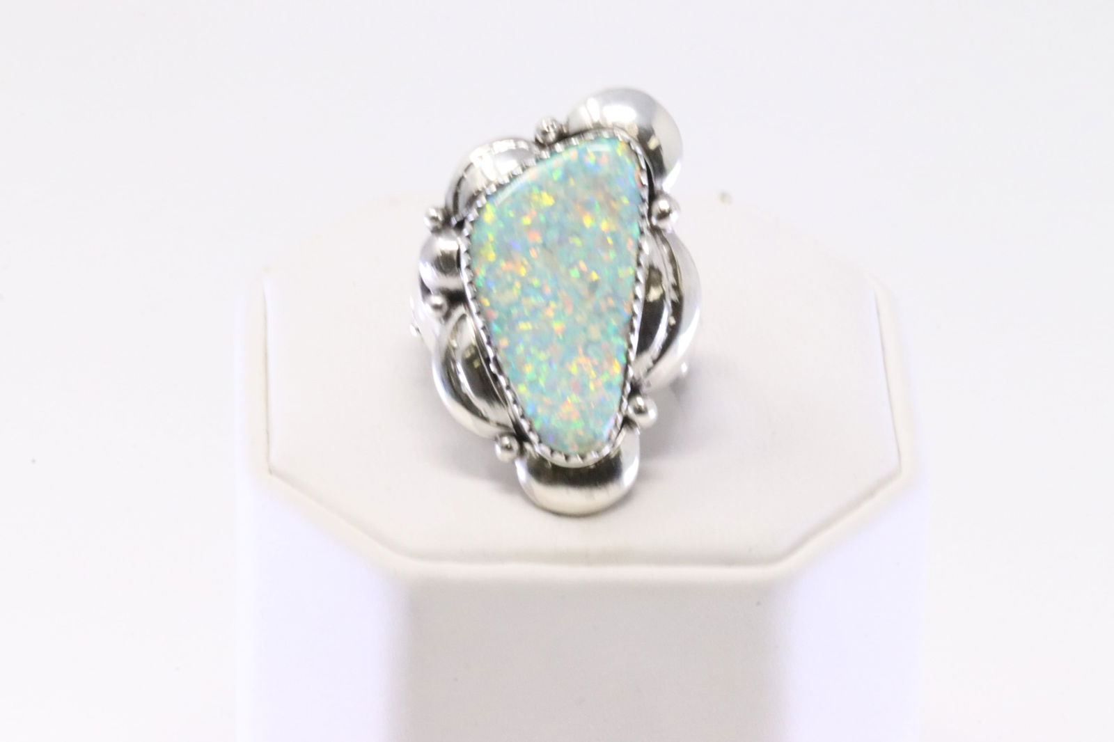 Native America Navajo Sterling Silver Synthetic Opal Ring By Clem Nalwood. (1 of 4)