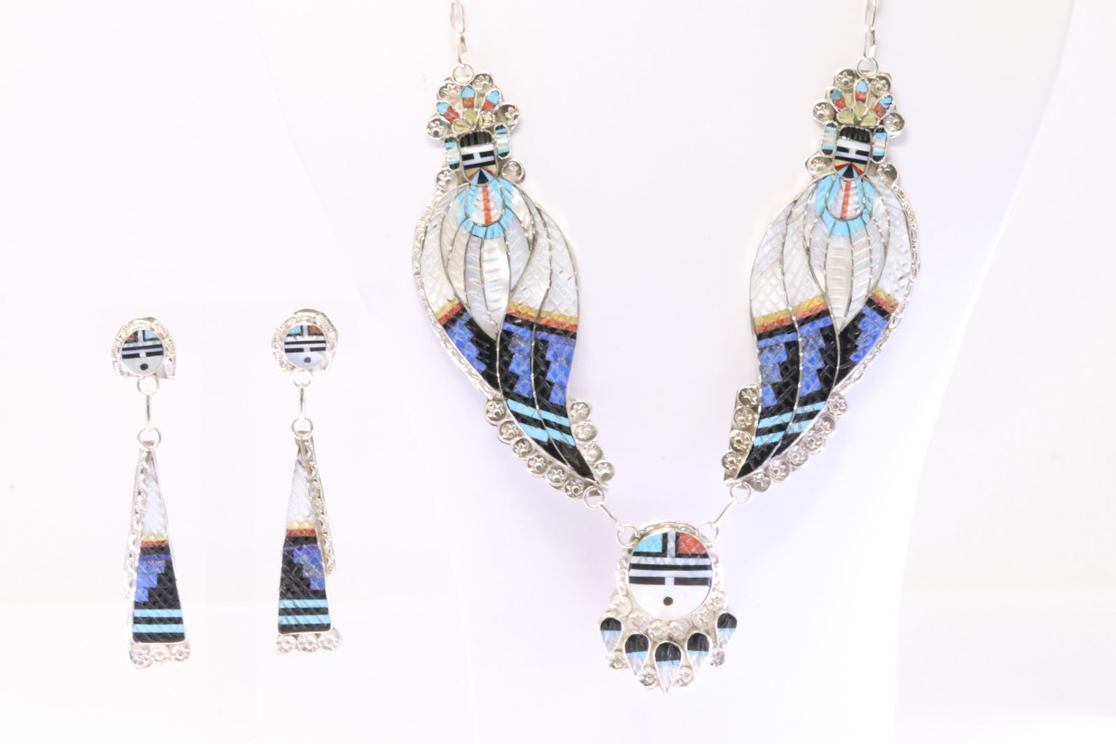 Native America Zuni Sterling Silver Multi-Color Inlay Necklace & Earring's Set By C.E.M. (1 of 7)