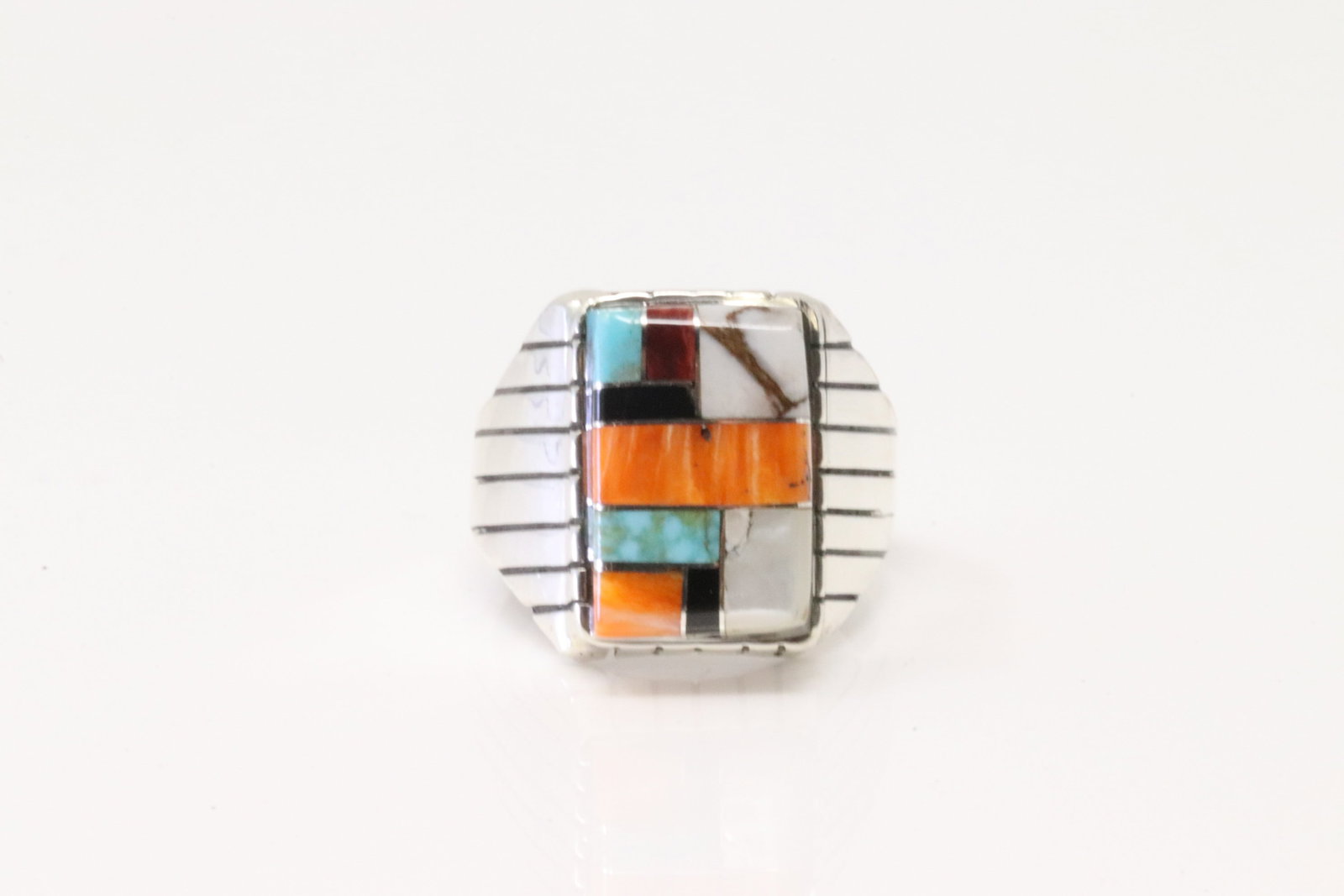 Native America Navajo Sterling Silver Multi-Color Stone Inlay Ring By R.: This is a Native America Navajo Sterling Silver Multi-Color Stone Inlay Ring By R. Ring size: 8.75.
