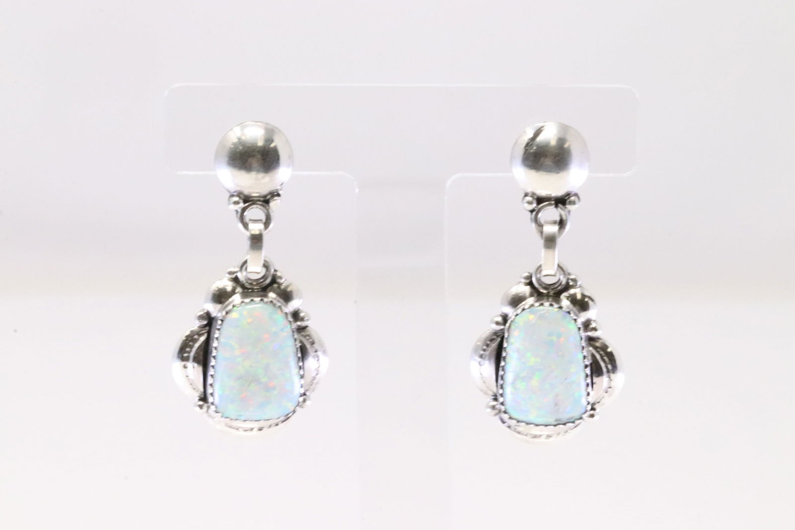 Native America Navajo Sterling Silver Synthetic Opal Post / Dangling Earring's By Clem Nalwood. (1 of 4)