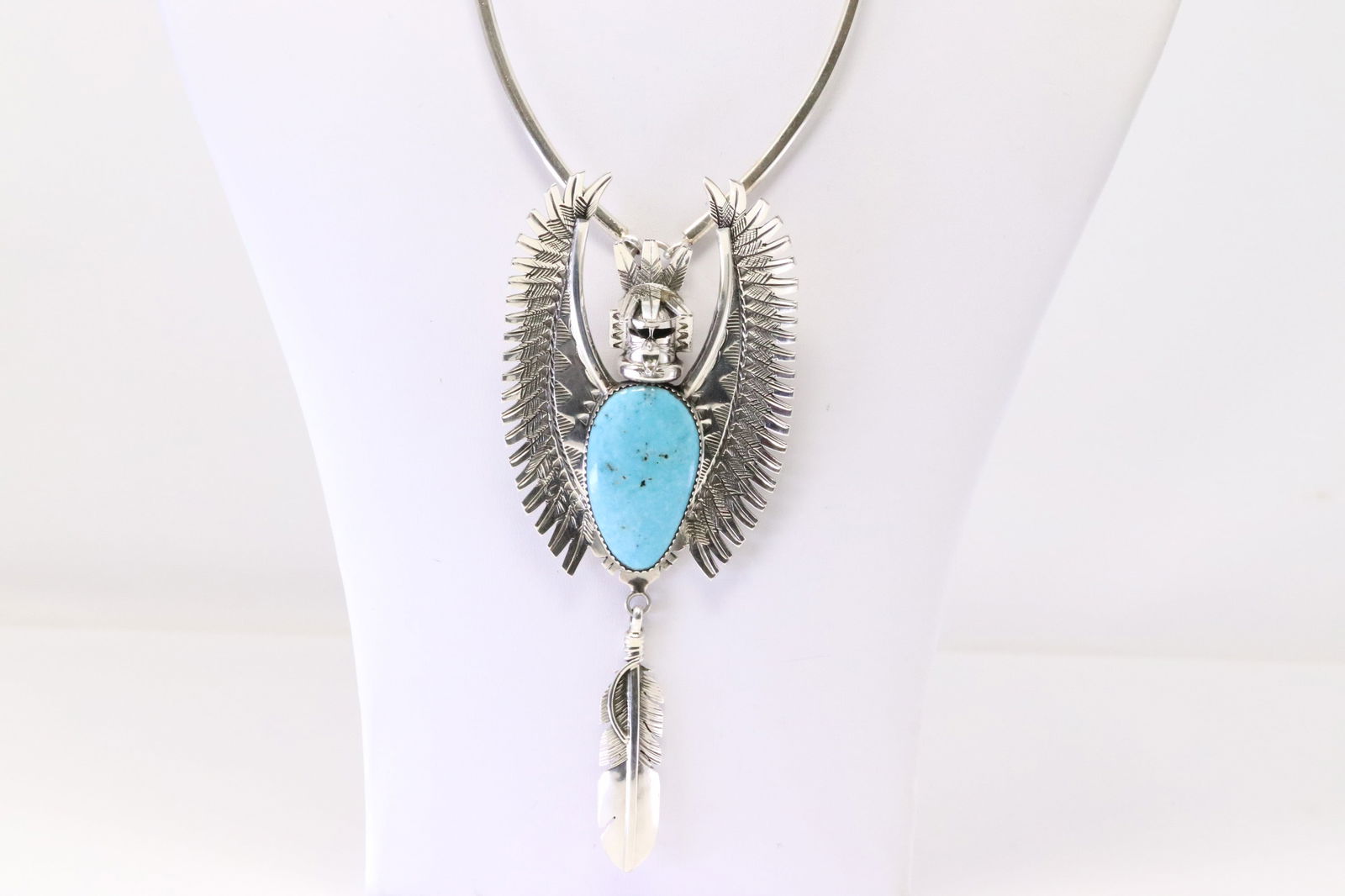 Native America Navajo Sterling Silver Turquoise Eagle Dancer & Feather Necklace / Pin By Nelson (1 of 4)