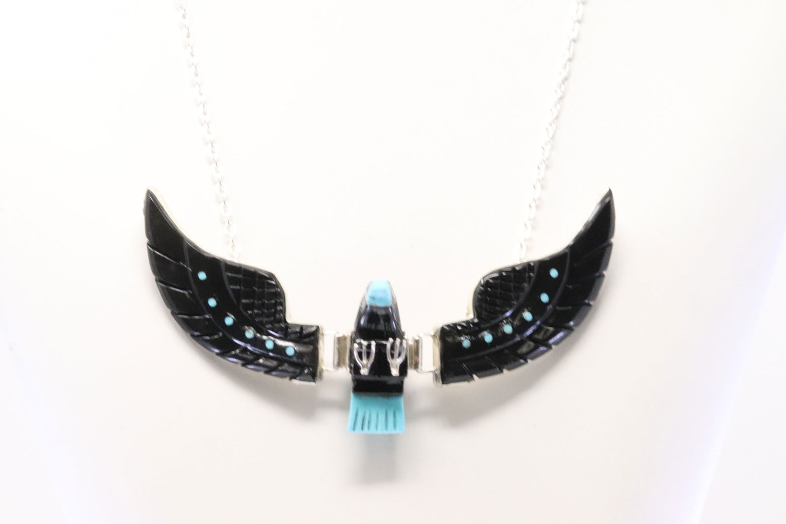 Native American Navajo Sterling Silver Carved Jet Turquoise Eagle Necklace By B.L. (1 of 4)