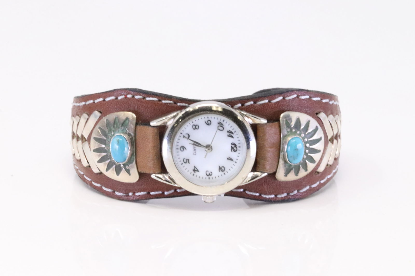 Native America Navajo Sterling Silver Turquoise Leather Ladies Watch Bracelet By F.Armstrong. (1 of 4)