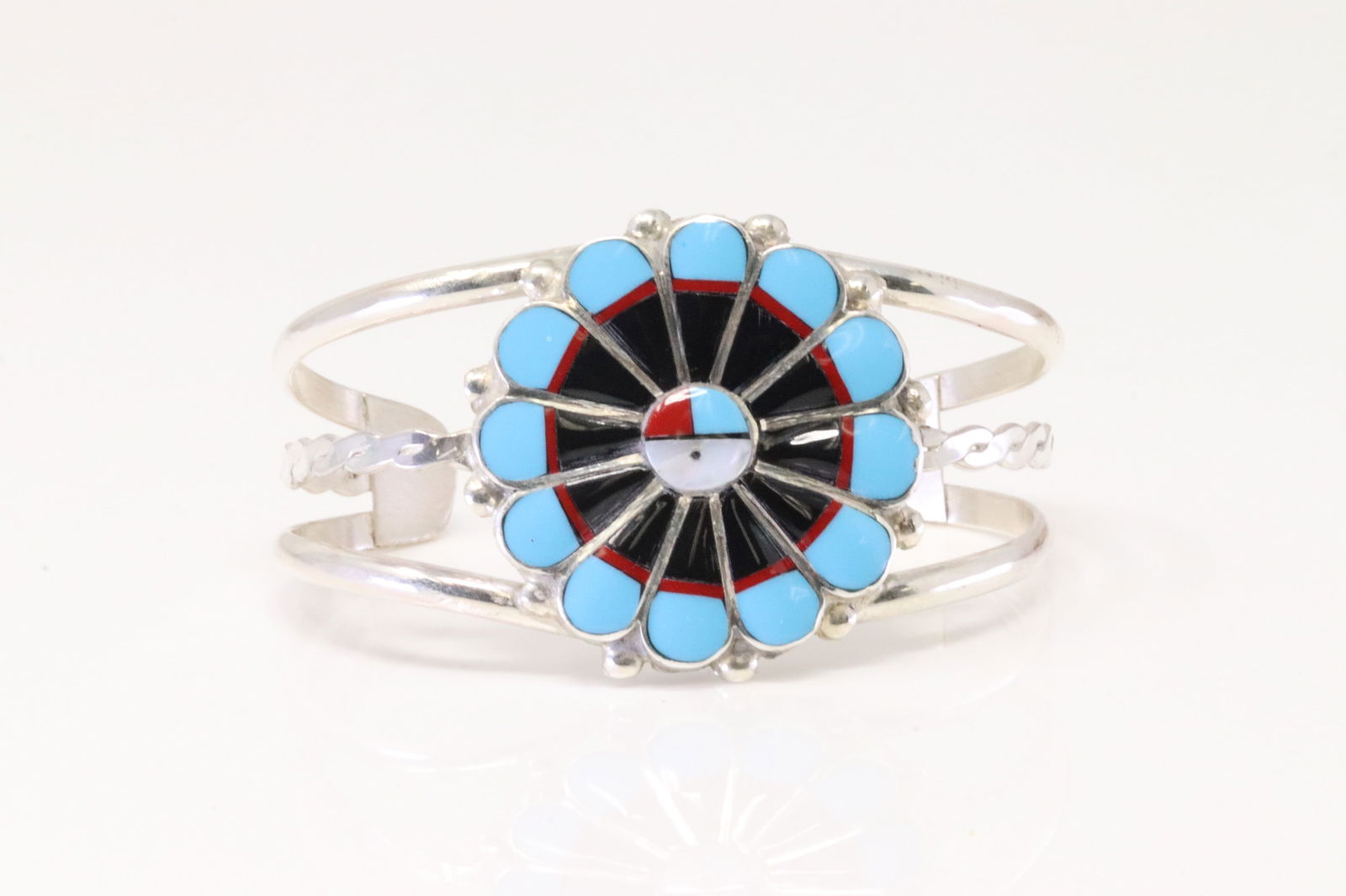 Native America Zuni Sterling Silver Multi-Color Inlay Sunface Bracelet By C.P. (1 of 4)