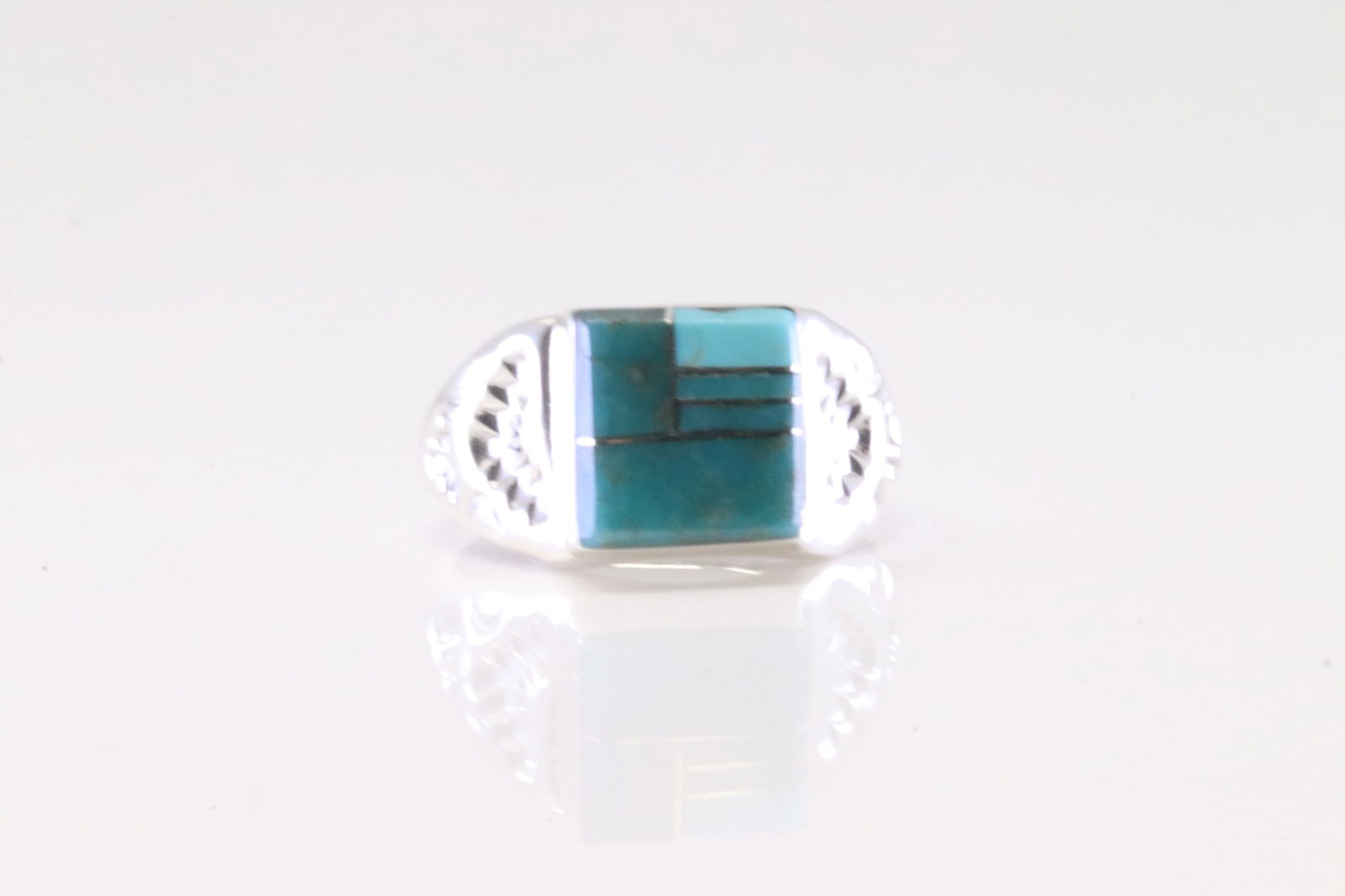 Native America Zuni Sterling Silver Turquoise Inlay Ring By P.L.L. (1 of 4)