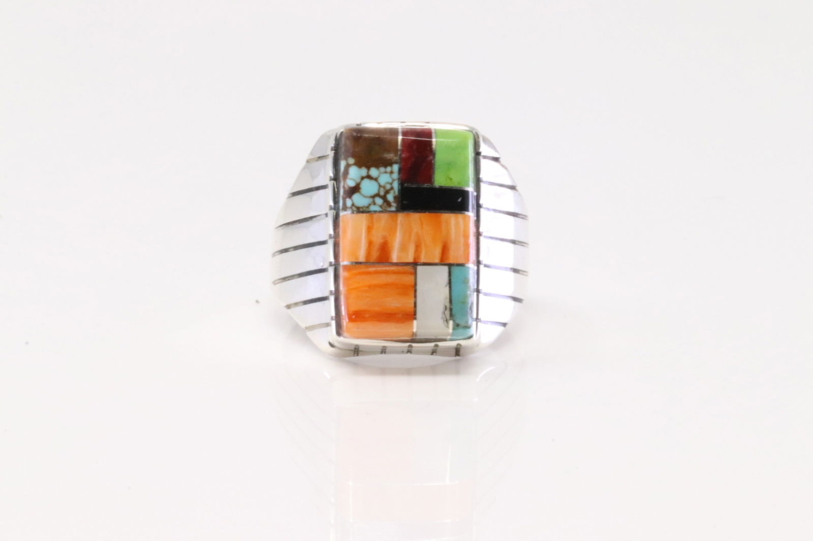 Native American Navajo Sterling Silver Multi-Color Stone Inlay Ring By R.: This is a Native American Navajo Sterling Silver Multi-Color Stone Inlay Ring By R. Ring size: 9.00.