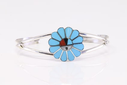 Native America Zuni Sterling Silver Multi-Color Stone Inlay Barcelet By Burdian Soseeah.