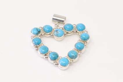 Native America Navajo Sterling Silver Double Heart Pendant Turquoise & Pearl By Martin Perry.