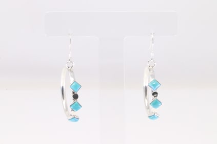 Native America Navajo Sterling Silver Turquoise Hoop Dangling Earring's By Phyllis A Smith.