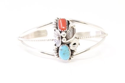 Native America Navajo Sterling Silver Coral & Turquoise Bracelet Cuff By Max Calladitto.