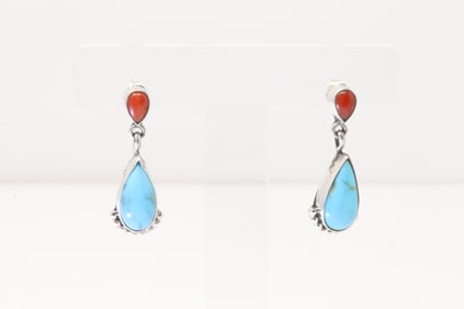Native America Navajo Sterling Silver Coral & Turquoise Post / Dangling Earring's By Verley Betone.