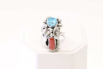 Native America Navajo Sterling Silver Coral & Turquoise Ring By Max C.