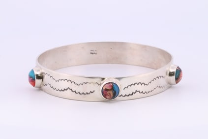 Native America Navajo Sterling Silver Compressed Turquoise Bracelet.