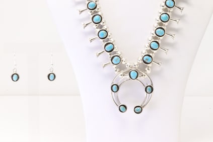 Native America Navajo Sterling Silver Turquoise Baby Squash Blossom Necklace & Earring's Set By P.G.
