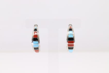 Native America Zuni Sterling Silver Multi-Color Inlay Hoop Earring's By M.P.
