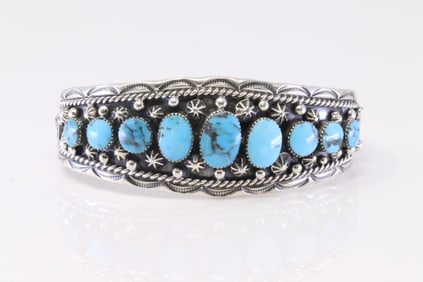 Native America Navajo Sterling Silver Turquoise Bracelet Cuff By Gilbert Smith.