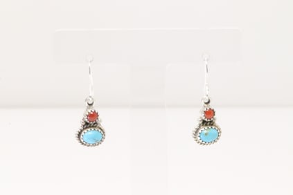 Native America Navajo Sterling Silver Coral & Turquoise Dangling Earring's By Annie Spencer.