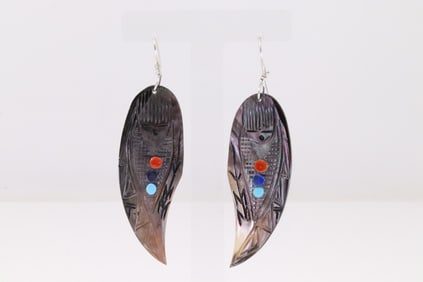 Native America Navajo Sterling Silver Shell / Multi-color Kachina Dangling Earring's.