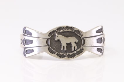 Native America Navajo Sterling Silver Horse Bracelet Cuff By K.
