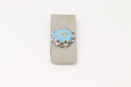 Native America Zuni Turquoise Flower Money Clip. P.Y.