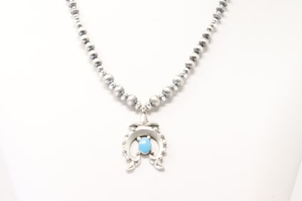 Native America Navajo Sterling Silver Turquoise Necklace By Lucinda Sardo.