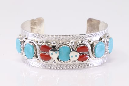 Native America Zuni Sterling Silver Coral & Turquoise Bracelet Cuff By Effie C.