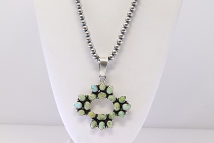 Native America Navajo Sterling Silver Sonora Gold Turquoise Pendant By T.G. With Pearl Beaded