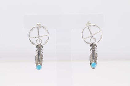 Native America Navajo Sterling Silver Turquoise / Feather Post Earring's By Sharon McCarthy.
