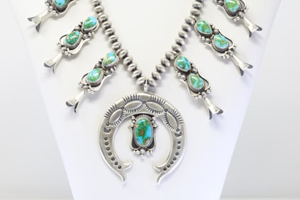 Native America Navajo Sterling Silver Sonora Gold Turquoise Squash Blossom Necklace By Tom Lewis.