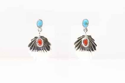 Native America Navajo Sterling Silver Coral & Turquoise Leaf Post / Dangling Earring's By Genevieve