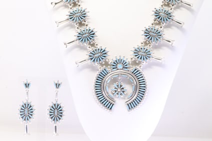 Native America Zuni Sterling Silver Turquoise Squash Blossom Necklace & Earring's Set By L.C.Waatsa.