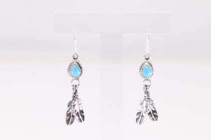Native America Navajo Sterling Silver Turquoise Feather Dangling Earring's By Sharon McCarthy.