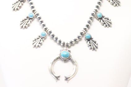 Native America Navajo Sterling Silver Turquoise Squash Blossom Necklace By Bobby Platero.