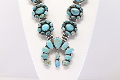 Native America Navajo Sterling Silver Royston Turquoise Squash Necklace By Kevin Yazzie.