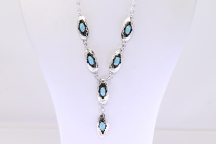 Native America Navajo Sterling Silver Turquoise Necklace By Bobby Platero.