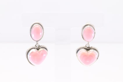 Native America Navajo Sterling Silver Pink Conch Shell Heart Post / Dangling Earring's By Byron