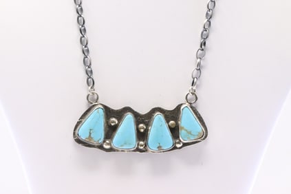 Native America Zuni Sterling Silver Turquoise Necklace By Jude Candelaria.