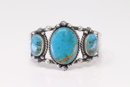 Native America Navajo Sterling Silver Kingman Turquoise Bracelet Cuff By Augustine Largo.
