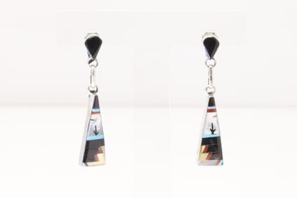Native America Zuni Sterling Silver Multi-Color Stone Inlay Post / Dangling Earring's By J.P.