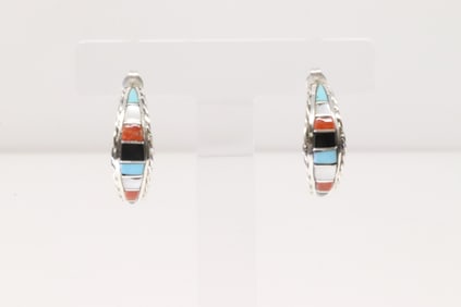 Native America Zuni Sterling Silver Multi-Color Stone Inlay Hoop Earring's By Malcolm Chavez.