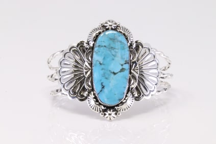 Native America Navajo Sterling Silver Turquoise Bracelet Cuff By Gilbert Smith.