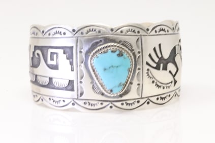 Native America Navajo Sterling Silver Turquoise Bracelet Cuff By L.J.