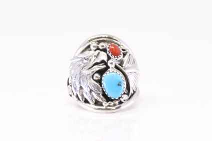 Native America Navajo Sterling Silver Coral & Turquoise Eagle Casted Ring By Jeanette Saunders.