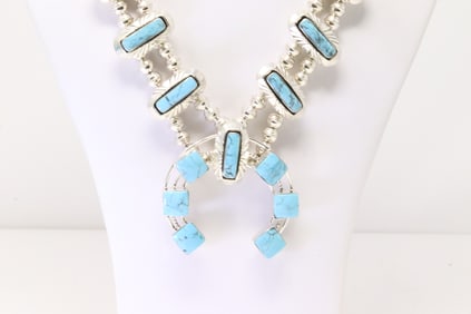 Native America Navajo Sterling Silver Turquoise Squash Necklace By Sheena Jack.