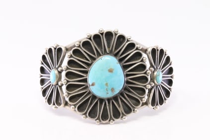 Native America Navajo Sterling Silver Kingman Turquoise Bracelet Cuff By Geraldine James.