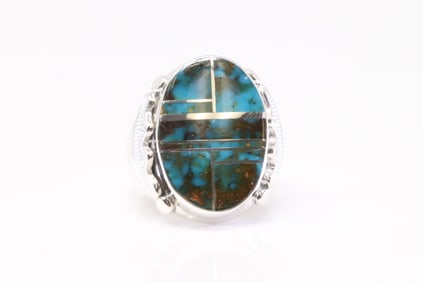 Native America Navajo Sterling Silver Turquoise Inlay Ring By A.T.