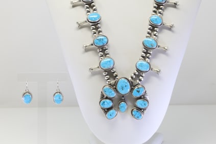 Native America Navajo Sterling Silver Kingman Turquoise Squash Blossom Necklace & Earring's Set By