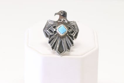 Native America Navajo Sterling Silver Turquoise Thunderbird Ring By Genevieve Francisco.