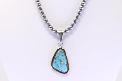 Native America Navajo Sterling Silver Turquoise Pendant By Samuel Yellowhair. With Pearl Beaded