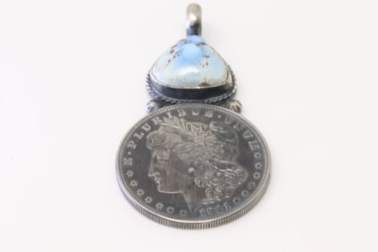 Native America Navajo Sterling Silver Golden Hill Turquoise Morgan Dollar Coin Pendant By Sandford